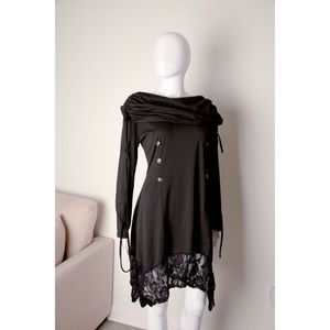 Vintage Y2K Long Lace Steampunk Rave Hoodie Dress Buttons Gothic Long Top